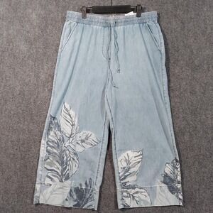 Chico's Pants Womens 14 Blue Denim Crop Wide Leg Pull‎ On Floral Graciela Indigo